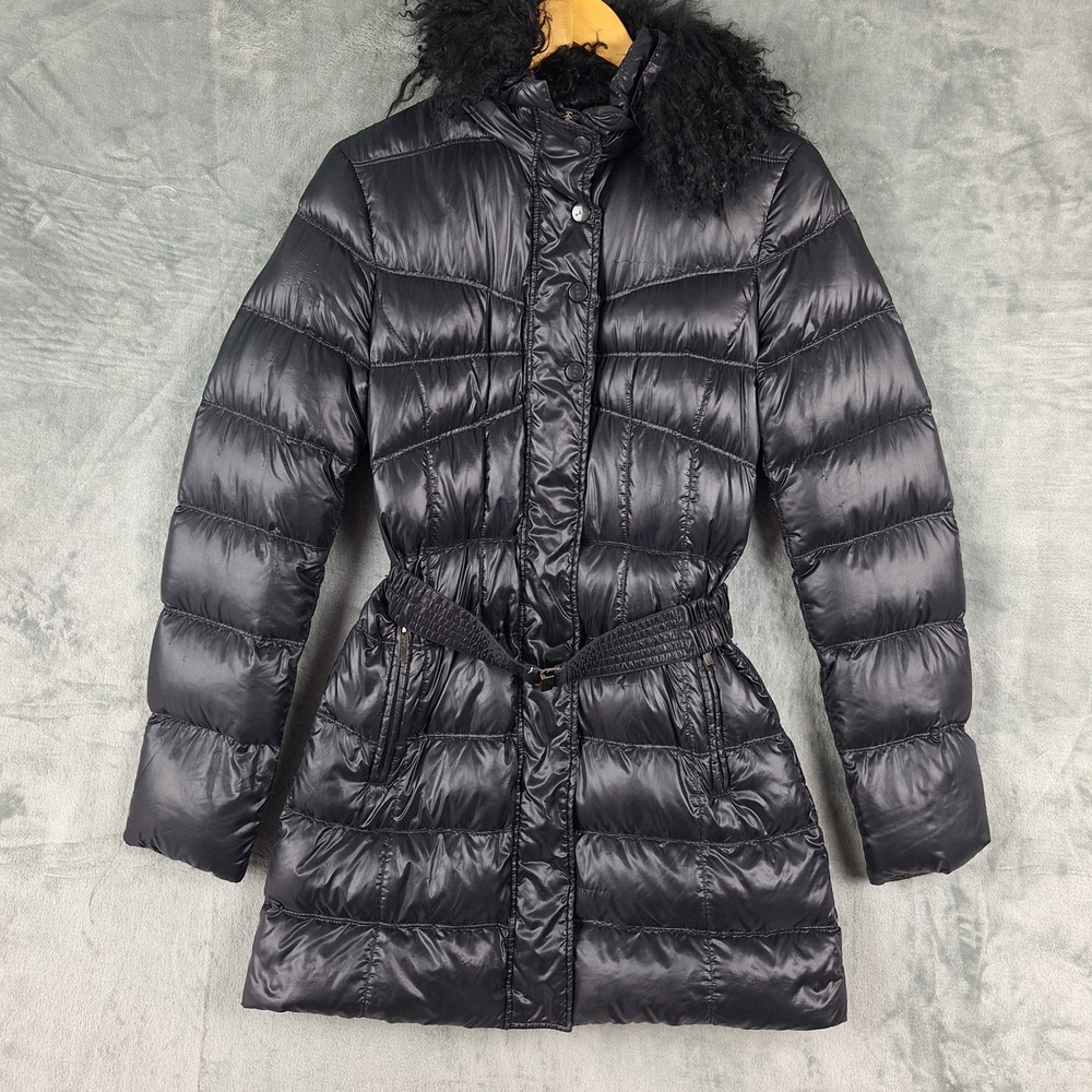ADD Jacket Womens 4 European Goose Down Puffer Coat Fur Collar Belted Black